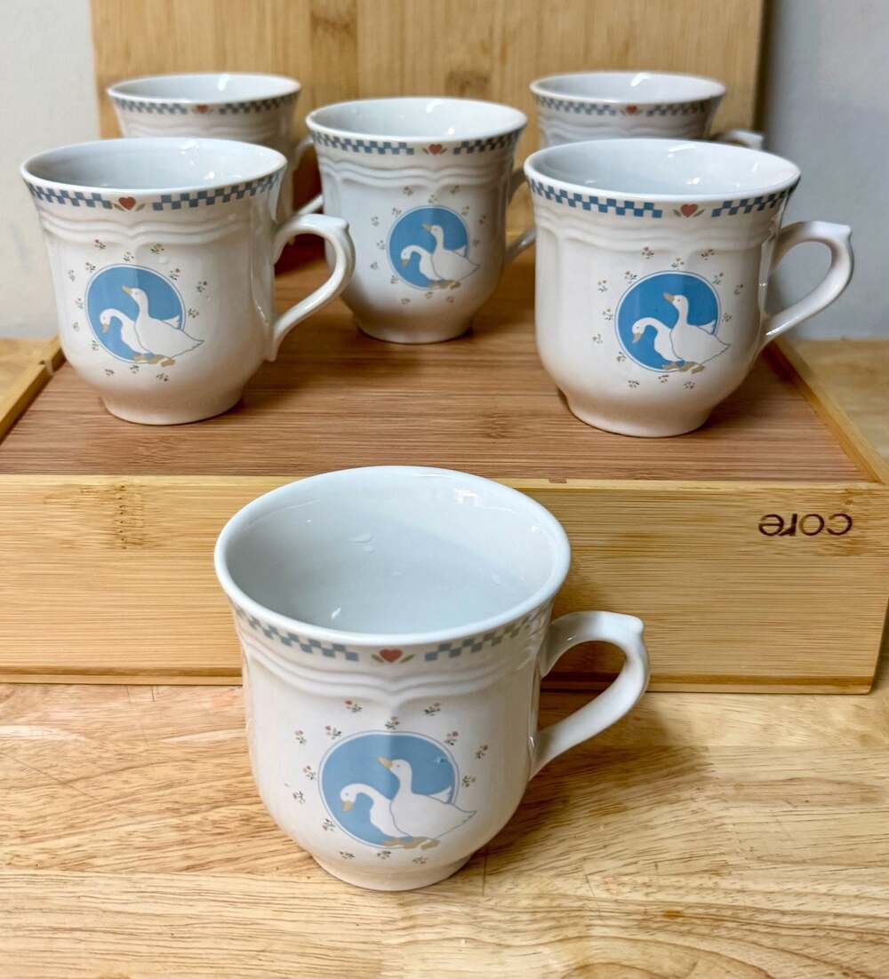 Vintage Stoneware Moonlight Pattern Goose Coffee Mugs Set of 6